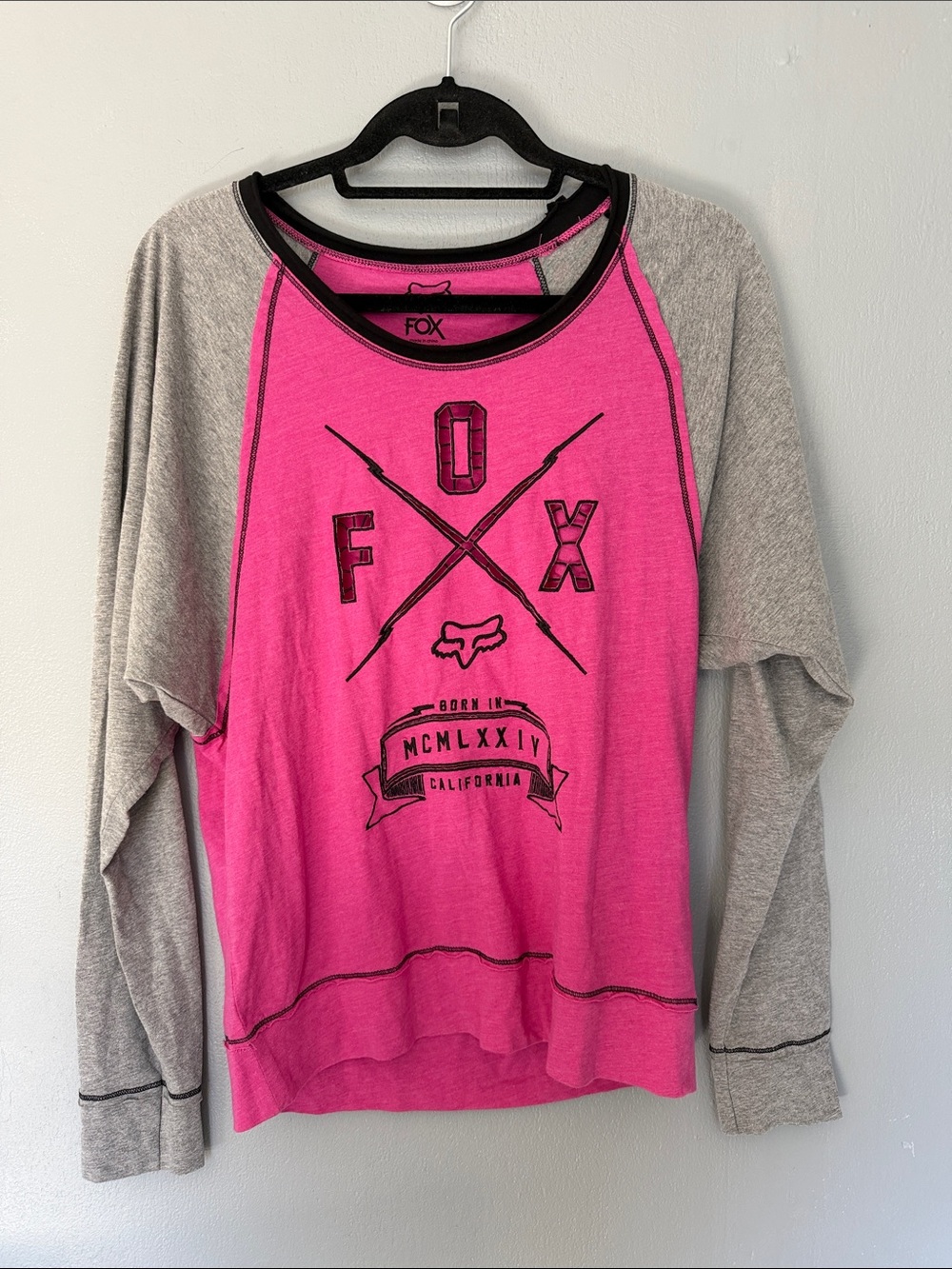 Y2K Fox Racing Motocross T Shirt Sz Large Long Sleeve Raglan Spell Out Pink